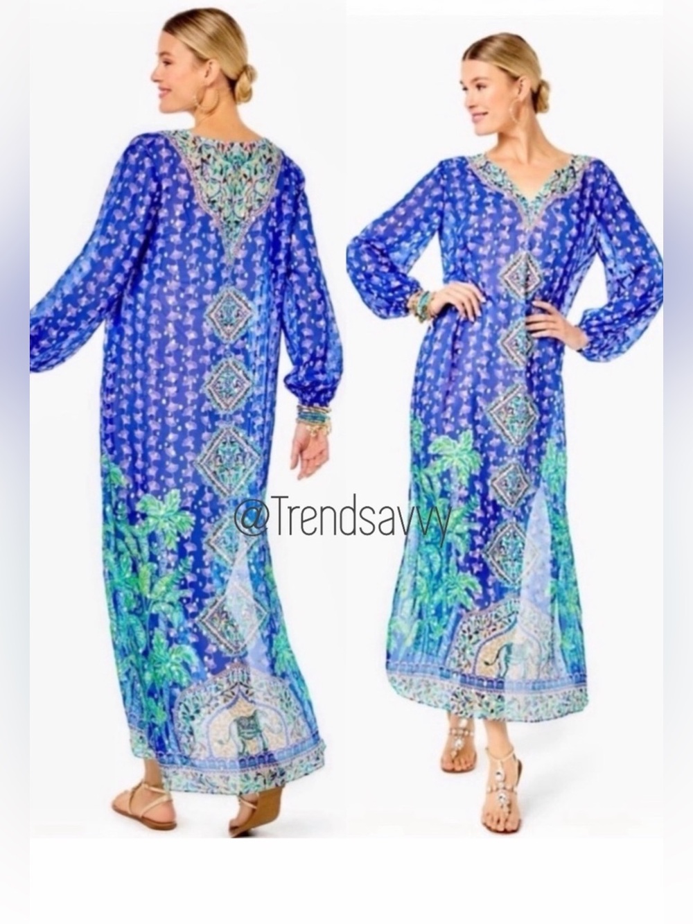 Lilly Pulitzer Jupiter Blue Grotto Caftan Maxi Dress Resort Vacation Cruise L/XL